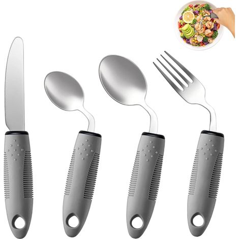 Parkinson Besteck (4-teilig) – 42° Winkel Adaptives Besteckset bei Parkinson, Handzittern und Arthritis, Gewichtetes Besteck, Ergonomische Esshilfen mit rutschfestem Griff (Schwarz) (1/3)