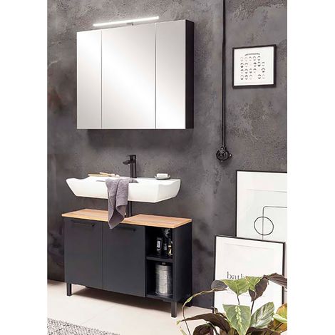 Waschplatz Set Waschbeckenunterschrank Spiegelschrank schwarz matt mit Eiche MASON-80, 2-teilig (1/5)