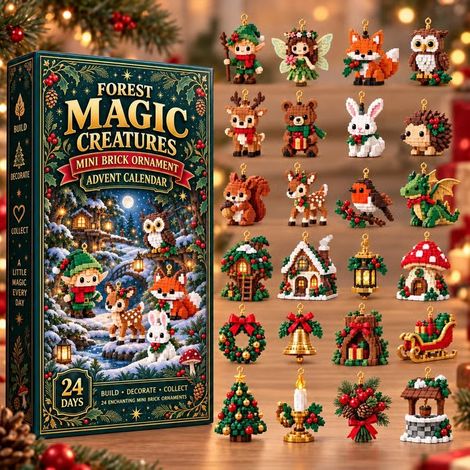 Adventskalender 2026 – 24-teilig – Dunkelgrün-Rot – Acryl – 24 zauberhafte Waldtier-Bausteine als Hängeornamente – Weihnachtsbaumschmuck – geeignet für Weihnachten und als Dekoration für den Wohnberei (1/5)