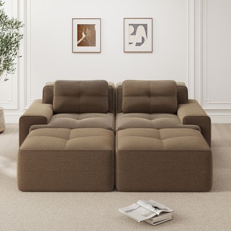 Canapé modulare in velluto a coste marrone, 2 posti con pouf, senza montaggio (1/5)