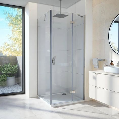 Cabine de douche 70x90 cm avec ouverture battante côté droit avec charnières et paroi fixe profilés chromés et verre transparent 8 mm h195 Fiji (1/3)