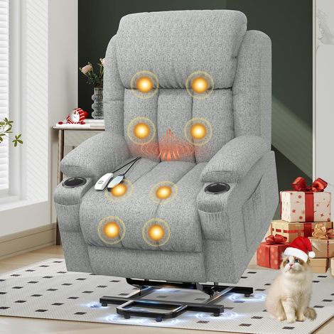 Fauteuil de massage électrique de loisirs, avec fonctions de chauffage et d'inclinaison, aide au lever, porte-gobelet, 4 poches latérales, ports Type-C et USB, tissu gris clair (1/5)