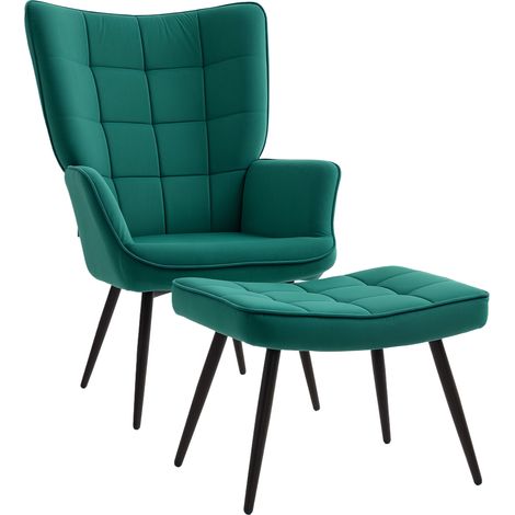 Fauteuil scandinave relax vert, piètement métal noir, revêtement velours avec repose-pieds assorti