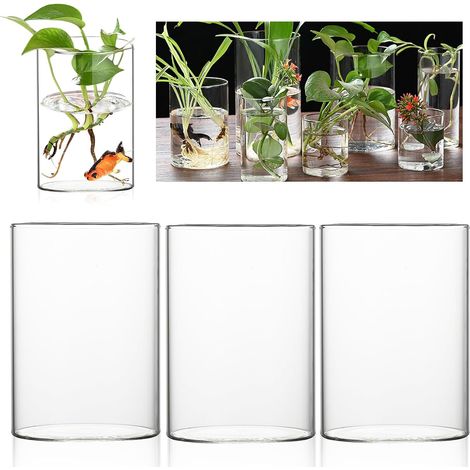 Lot de 3 vases cylindriques en verre transparent avec fond - 10 x 15 cm - Vase cylindrique moderne - Bougeoir en verre - Ensemble de vases pour orchidées, roses, tulipes, bougies (1/5)