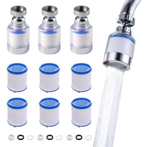 LaBlanc – 3 Stück Wasserhahnfilter, 360° drehbarer Wasserhahn-Wasserfilter, mit 6 PP-Baumwoll-Filterelementen, Entkalkerspitze, für Wasserhahnverlängerung in Küche, Bad usw