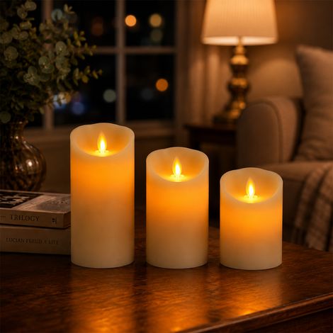 Jiubiaz LED Kerzen Echtwachskerzen 3er Set aus Paraffinwachs 15 / 12,5 / 10 cm - mit Fernbedienung Timer dimmbar beweglicher Flamme warmweiß Elfenbein (1/5)