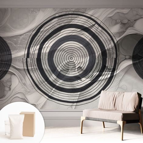 Tapete Vliestapete mit Kleber - Wanddekoration - Wandfolie - 3D Tapete Wand - Wohnungsdeko Graue Kreise 312x219 cm (1/5)