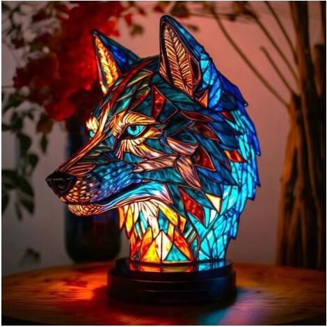 Lampe de table en verre coloré motif animal, lampe de chevet vintage colorée, veilleuse en résine, lampe décorative pour chambre, salon, maison, bureau - Loup (1/5)