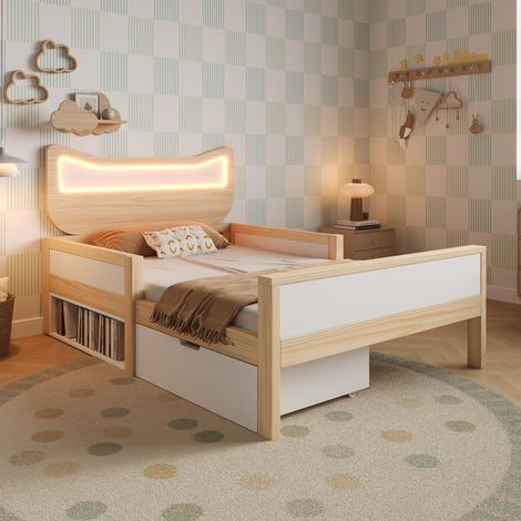 Lit enfant 90x200 cm tête oreilles de chat, LED RGB, tiroir flexible, rangement montable gauche/droite, barrières sécurité, blanc et chêne (1/5)