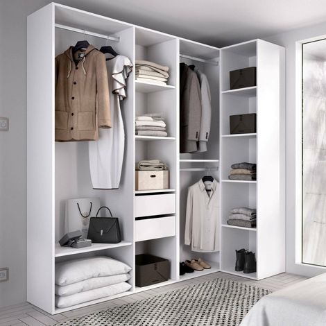 Dmora – Armoire chambre 9 étagères 84,5x205 cm – Panneau mélaminé résistant – 2 tiroirs et 3 barres de cintres – Blanc