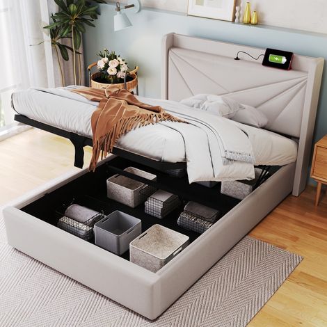 Polsterbett 90x200 mit Bettkasten und Lattenrost, Einzelbett mit USB & Typ-C Ladefunktion, Jugendbett aus Leinen mit Stauraum, 150kg Traglast (1/5)