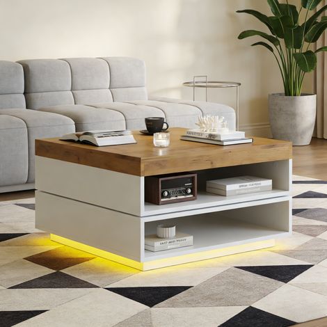 Mesa de centro MDF blanca y roble 65 x 65 cm con tablero giratorio 360° y LED (1/5)