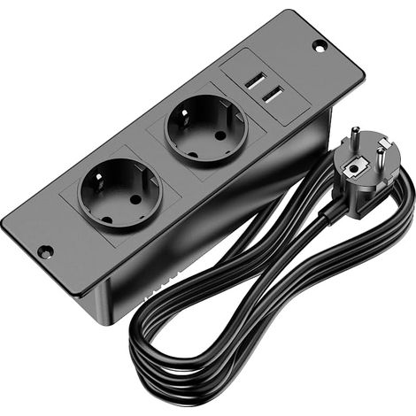 Multiprise de bureau encastrable avec deux compartiments et deux ports USB-A intégrés, adaptée aux bureaux, meubles ou plans de travail. (1/5)