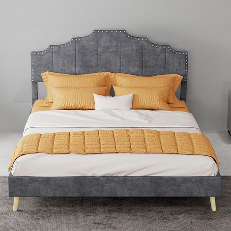 Lit moderne minimaliste et moelleux, tête de lit confortable et douce, 140200CM, gris, meuble de chambre multifonctionnel, cadre de lit bas sans vérin à gaz, matelas non inclus. (1/5)