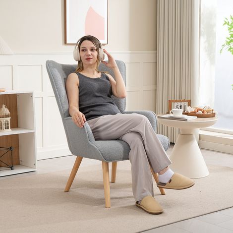 Fauteuil de salon en tissu bouclette, fauteuil capitonné et rembourré avec pieds en bois, 71 x 74 x 96 cm, gris clair (1/5)