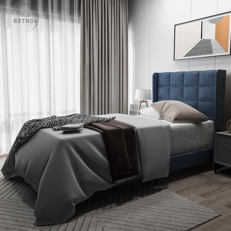 Lit capitonné design moderne avec sa tête de lit capitonnée lit simple avec sommier à lattes, 90x200cm, en lin bleu, mi-ferme (sans matelas)