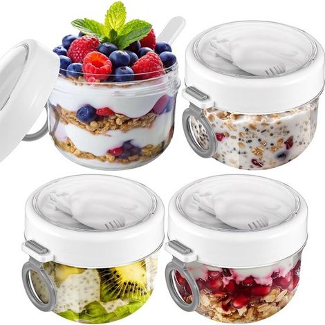 Juego de 4 tarros para avena nocturna (incluye tapa y cuchara), tarros de plástico grandes de 590 ml para avena nocturna, fruta (1/5)