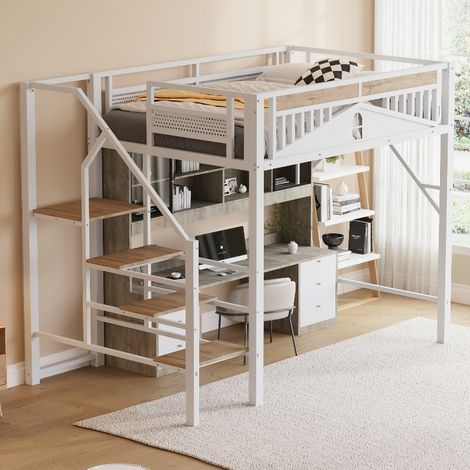 Metall-Hochbett 140x200 cm mit Sicherheitsleiter und Stauraum, stabiles Hochbett aus Metall mit Fensterdesign und Rausfallschutz, Weiß (1/5)