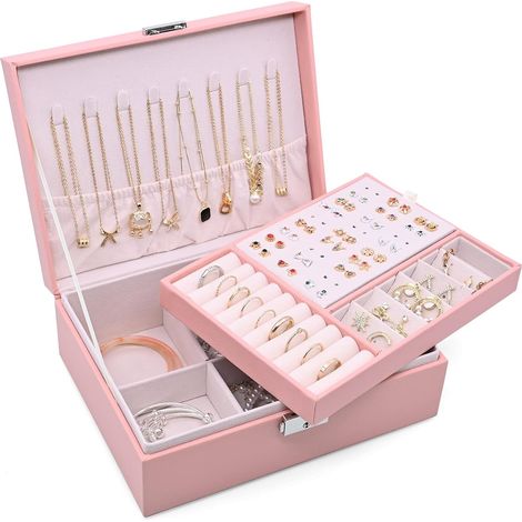 Boîte à Bijoux Femme Verrouillable Organisateur de Bijoux 2 Couches Grande Capacité Boite de Rangement avec Plateau Amovible pour Bagues, Boucles d'oreilles, Colliers, Bracelets, Rose (1/5)