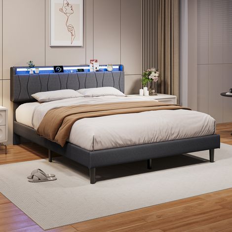 Cadre de Lit 160x200 cm, Lit Rembourré avec Éclairage LED RGB et Prises USB/Type-C, Tête de Lit avec Rangement pour Chambre d'Adulte ou d'Enfant - Lin - Gris (1/5)