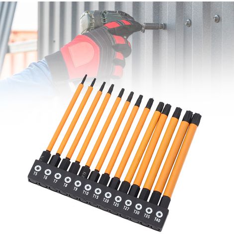 Jeu de 13 embouts Torx six étoiles de 100 mm (13 embouts + support de rangement) Embouts Torx phosphatés à tige hexagonale de 1/4 pouce, acier allié S2 (T5, T6, T7, T8, T9, T10, T15, T20, T25, T27, T3 (1/5)