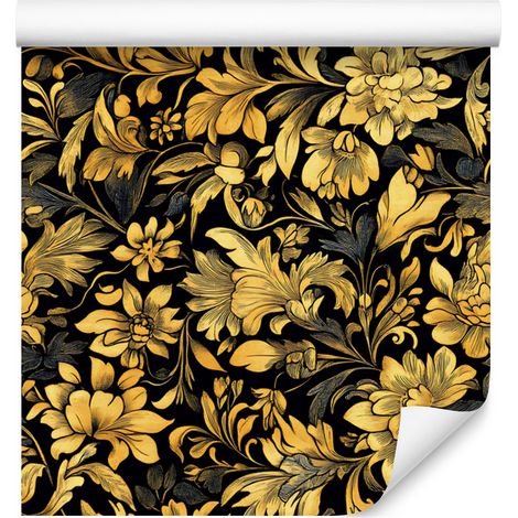 Papier peint ocre hibiscus doré, détails raffinés pour salon et chambre 50x1000 cm (1/5)