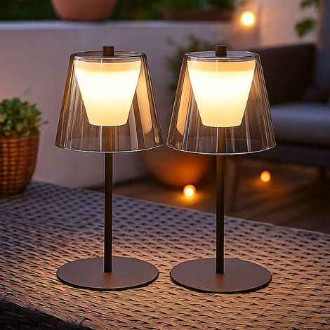 LED Tischleuchte Touchdimmer Außenlampe Rauchglas Gartenlampe Akku Tischlampe, Metall sandschwarz, 2W 270lm warmweiß, DxH 14 x 35 cm, 2er Set