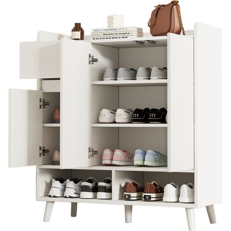 CHICFURN Meuble chaussures blanc à 2 portes et rangements ouverts, commode compacte au design minimaliste, étagères réglables, pieds en bois, H99 x L90 x P35 cm (1/5)