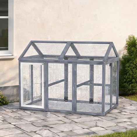 Poulailler gris en bois de sapin 140 x 88,5 x 106 cm (1/5)