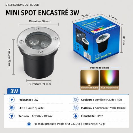 Spot LED encastrable de sol extérieur étanche 80 mm 3W lumière blanche réf 2127 8,5 × 8,5 × 8,5 cm 217 g – Livraison gratuite