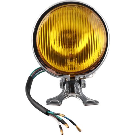 Phare de moto universel style rétro vintage, accessoire de modification pour moto. Coque argentée, verre jaune. (1/2)