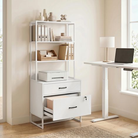 Mueble Archivador con Estantería 2 Cajones Encimera para Impresora Cerradura para A4 Letter Legal Blanco (1/5)