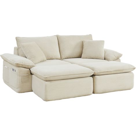 Sofá modular de 2 plazas beige de tela, sin montaje, con reposapiés y bolsillos laterales (1/5)