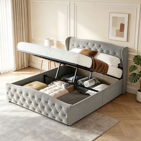 Samtbett mit Stauraum, 140 x 200 cm, wellenförmiges, gestepptes Kopfteil, großer hydraulischer Stauraum, Bett für Erwachsene, grau