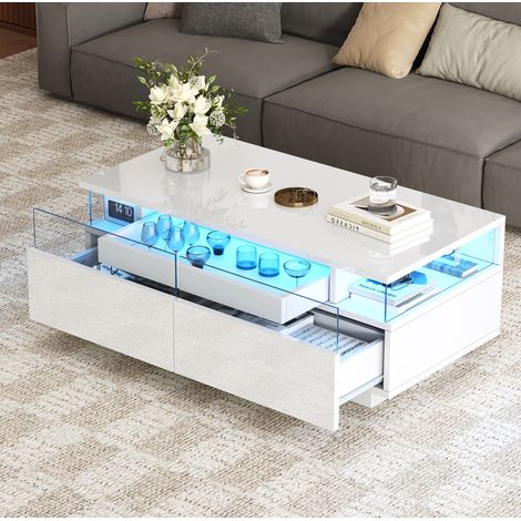 Mesa de centro 90 x 45 x 35,5 cm con 2 cajones, LED, blanco HAVRYA (1/5)
