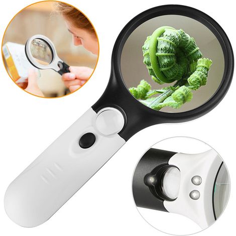 Loupe éclairante portable à double lentille en verre, noire et blanche, avec lampes LED puissantes et 3 LED. Idéale pour les seniors, la lecture, l'i (1/5)