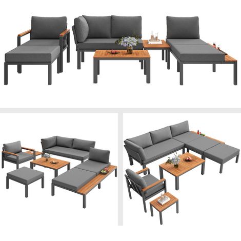 Salon de jardin modulable métal coussins tables bois terrasse gris