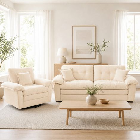 Divano 2 pezzi in ciniglia, 1 posto + loveseat, seduta profonda, beige HAVRYA (1/5)