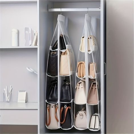 2 Pack 8 Pocket Hanging Purse Organizer, Clear Hanging Storage Bag, Organizer Bag, Space Saving Organizer for Wardrobe/Closet (White) (1/5)