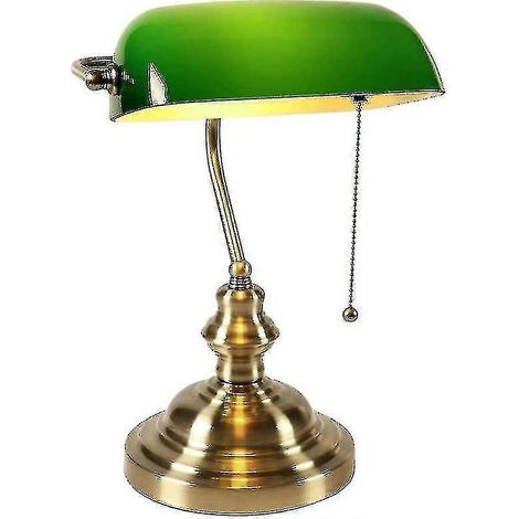 Lampe de bureau en verre de style banquier avec interrupteur à chaînette et prise secteur (verte) (1/4)
