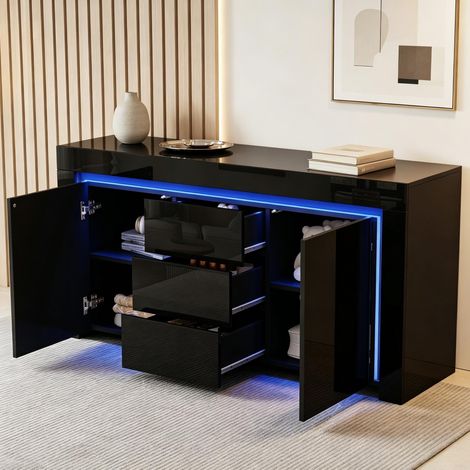 Credenza 140 x 40 x 65 cm con barra LED, 2 ante, 3 cassetti, nera HAVRYA (1/5)