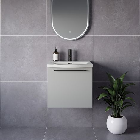 Napoli 390 Gloss Grey Pearl 500mm Wall Mounted Single Drawer Vanity Unit with Arc Basin - 500mm - Matt Black 320mm Handle