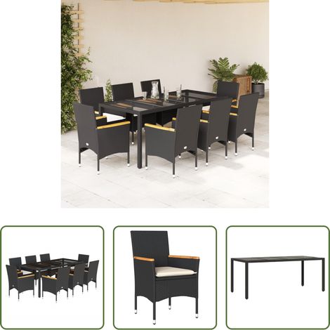 Gartenessgruppe - 9-tlg. Garten-Essgruppe mit Kissen Schwarz Poly Rattan und Glas (1/5)