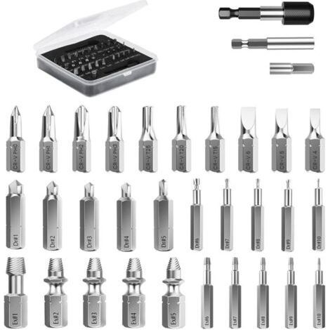 Kit de extractor de tornillos rotos, 33 piezas, juego de extractores de tornillos rotos Easy Out, kit de extractor de tornillos rotos HSS con 2 soportes magnéticos para puntas de extensión y adaptador (1/5)