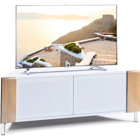 MDA Designs CORVUS Corner-Friendly Gloss White Contemporary Cabinet with Oak Profiles White BeamThru Glass Doors Suitable for Flat Screen TVs up to 50" (1/5)