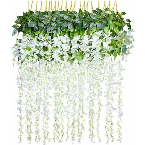 Flores artificiales, glicinias artificiales, decoración del hogar, cada tallo mide 110 cm de largo, hechas de seda, para bodas, hogar, jardín, fiestas, 12 piezas - blanco lechoso (1/5)