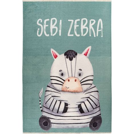 Tapis enfant zèbre doux antidérapant lavable - Vert d eau avec zèbre blanc noir (1/3)