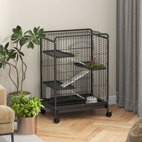 Cage Rongeurs Roues Plateformes Plateau Amovible Mangeoire Buveur Animaux Compagnie Noir 61,5x44x95cm