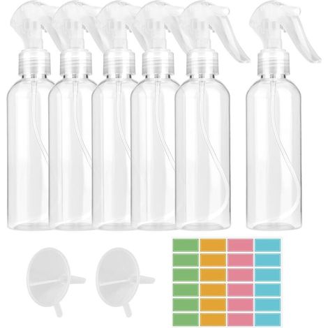 6-teiliges Set mit 200-ml-Sprühflaschen für feinen Sprühnebel, inklusive 24 Etiketten und 2 Trichtern, PET-Flasche, ideal für Haushalt, Garten, Friseursalon, Pflanzen und Blumen. (1/5)