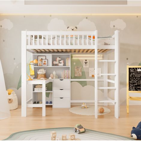 Letto a soppalco 205x106x180 cm, con scrivania, 3 cassetti e vani a giorno, scala, pino e MDF bianco (1/5)